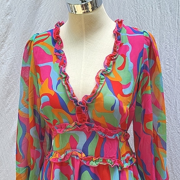Ladies backless dress, v-neck, multicolor, sheer, lined, ruffle, boho,  M - Picture 3 of 14